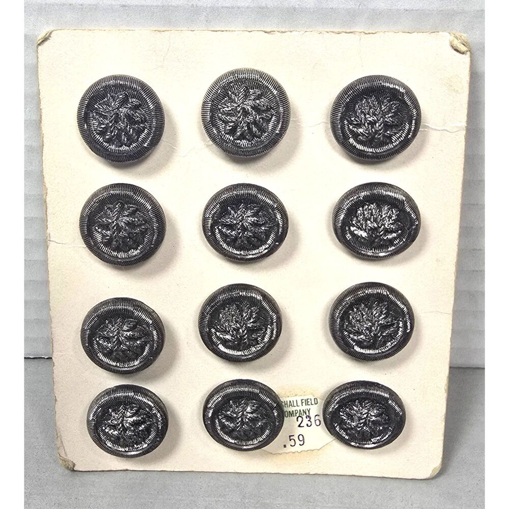 Vintage Glass Buttons Carded Black Set of 12 Iridescent 3/4 inch Metallic